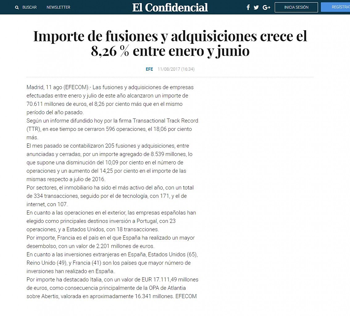 Importe de fusiones y adquisiciones crece el 8,26 % entre enero y junio